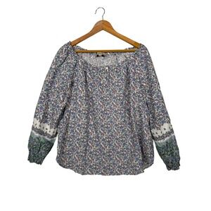 LOFT Floral Blouse Womens Large Blue Purple Boho Keyhole Long Sleeve Top